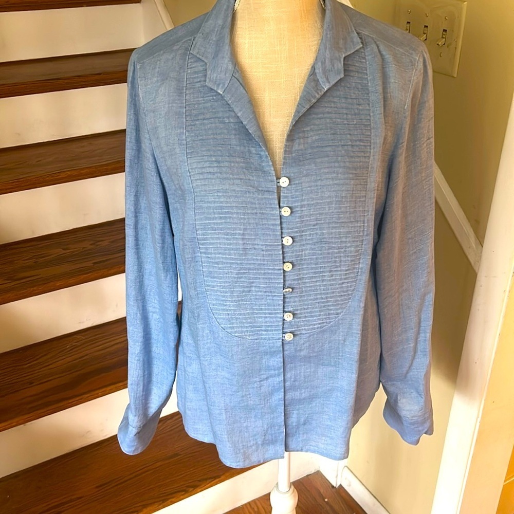 Carlisle 100% Linen Blue Button Up Blouse Long Sleeve Size 10 Workwear Classic
